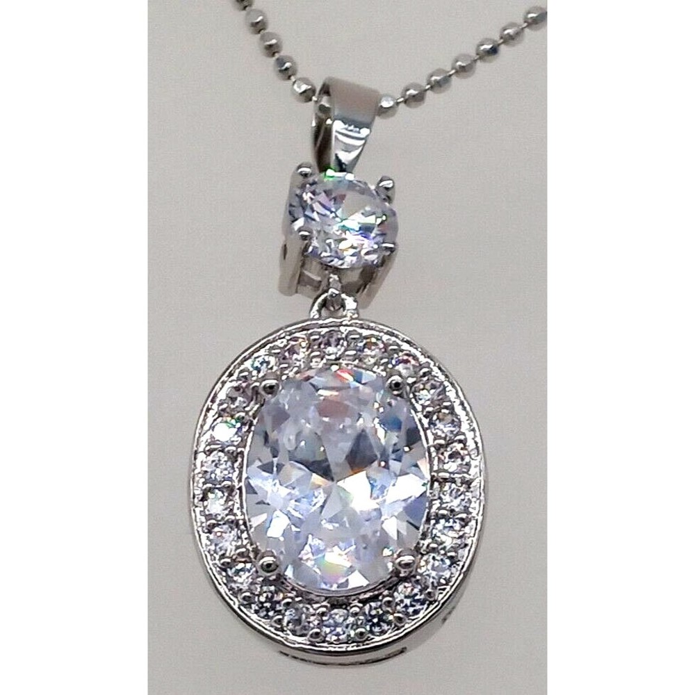 Clear Rhinestone Quartz CZ Pendant Necklace Chain 925 Sterling Italy Sparkly!